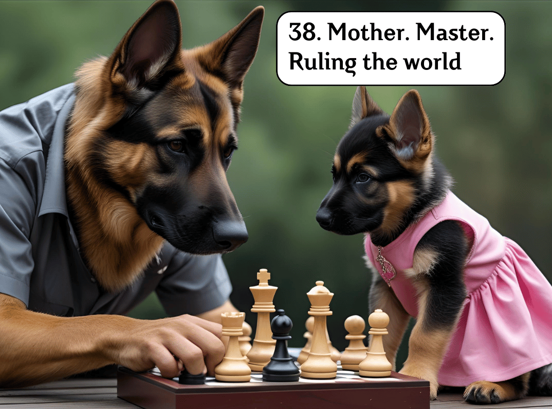 German Shepherd mother and pup in human attire playing chess. The older dog wears a grey shirt; the pup wears a pink dress.