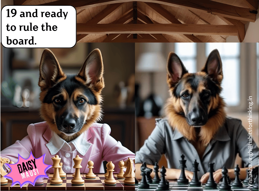 Young German Shepherd in a pink coat sitting at a chessboard, alert and focused.Confident German Shepherd in a blazer sitting behind a chessboard, poised like a chess master.