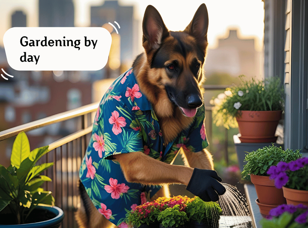 A german shepherd Daisy in floral shirt wtering plants in a balcony