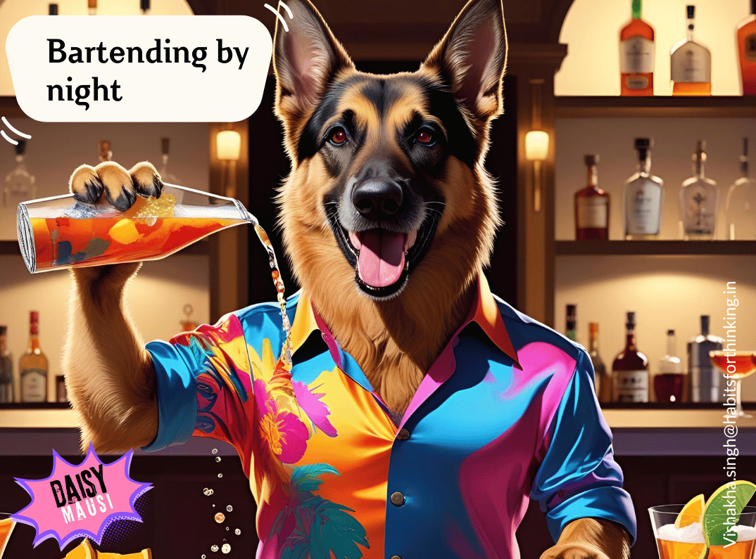 A german shepherd Daisy in silk shirt making cocktails at a home bar