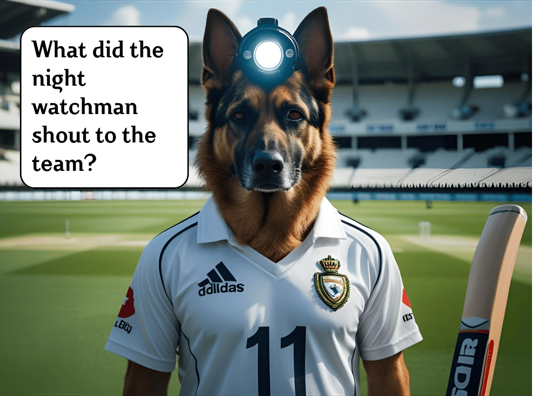 German Shepherd dog wearing Indian cricket jersey number 11 with headlamp, holding cricket bat at stadium - representing the night watchman