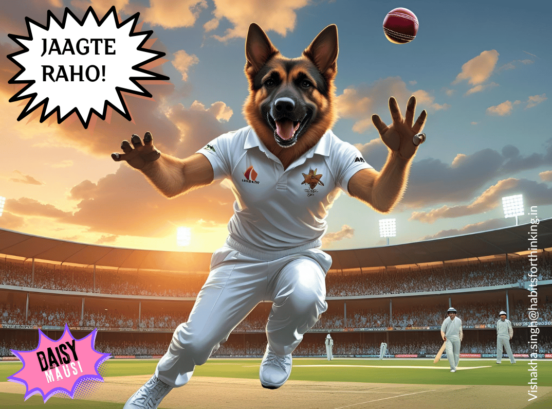 German Shepherd dog in Indian cricket whites celebrating with arms raised shouting Jaagte Raho at cricket stadium during golden hour
