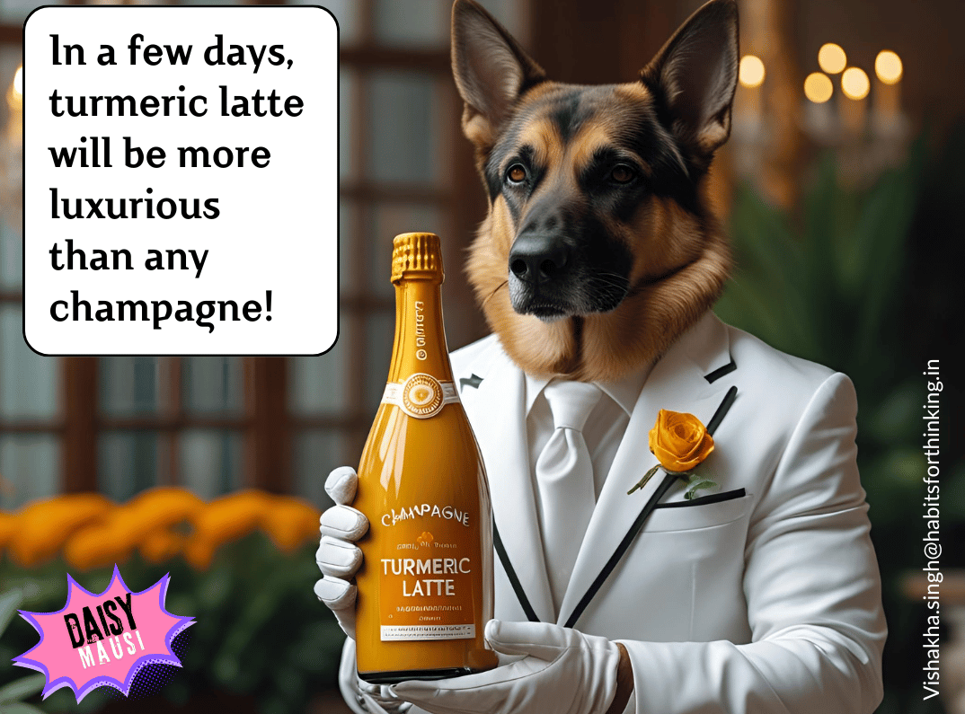 A German Shepherd in a white tuxedo with an orange flower, holding a champagne bottle labeled “Turmeric Latte,” with a speech bubble saying, “In a few days, turmeric latte will be more luxurious than any champagne!”