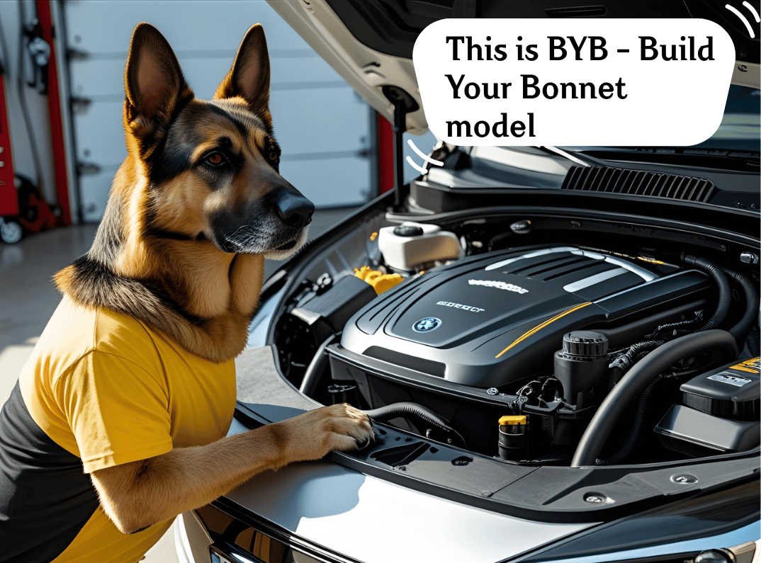 German shepherd in yellow shirt examining EV bonnet