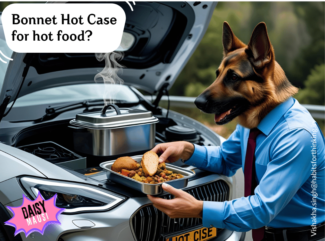 German shepherd in business attire serving food from EV bonnet hotcase