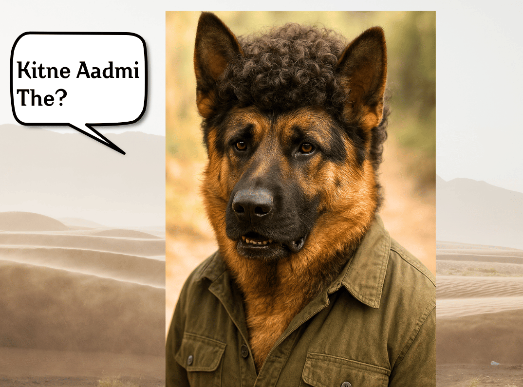 A German Shepherd dressed like the iconic Sholay villain Gabbar Singh, with curly hair, an army-green shirt, and a speech bubble saying ‘Kitne Aadmi The?’