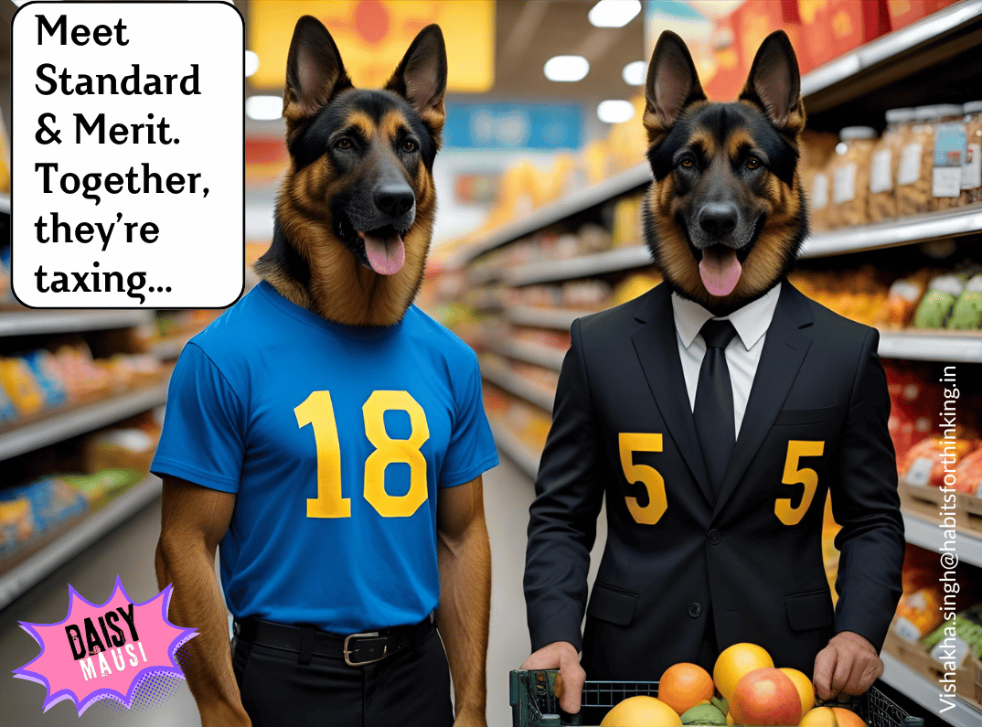 Cartoon of two dogs named Standard (18%) and Merit (5%), representing India’s proposed GST slabs.