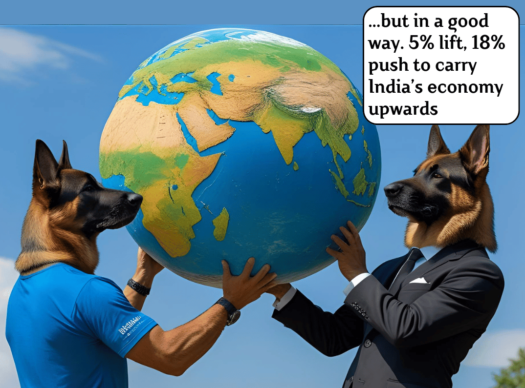Cartoon of Standard and Merit dogs carrying India’s economy upwards, symbolizing the positive impact of the proposed GST.