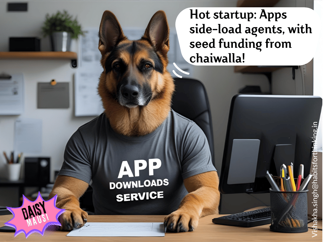 A german shepherd in an office wearing a T-shirt labeled “APP DOWNLOADS SERVICE,” sitting at a desk with papers and a computer, representing agents facilitating side-loading of apps.