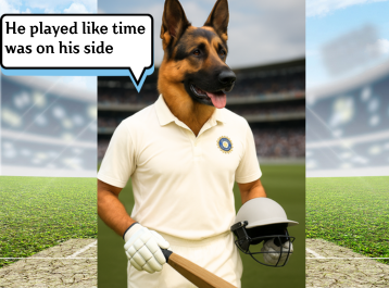 A german shepherd dog dressed as Indian cricketer Cheteshwar Pujara holding helmet and bat, with speech bubble: “He played like time was on his side"