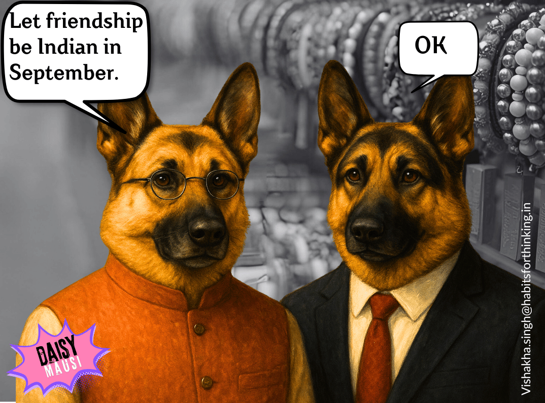 Two German Shepherds—one wearing a Nehru-style vest and the other in a business suit—standing side by side, representing a light-hearted take on India-China friendship