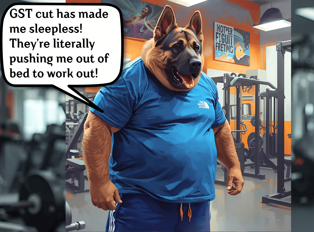 German Shepherd in blue workout shirt at gym with text "GST cut has made me sleepless! They're literally pushing me out of bed to workout!"