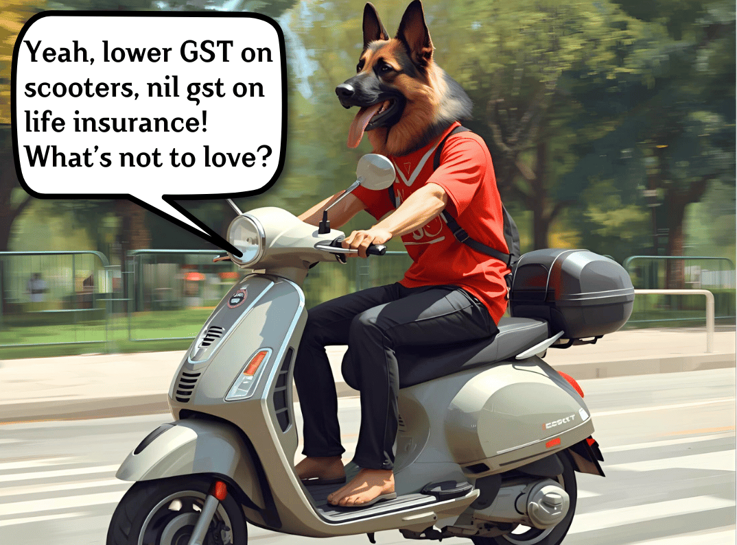 A german shepherd on a scooter without helmet praising lower gst rate on scooters