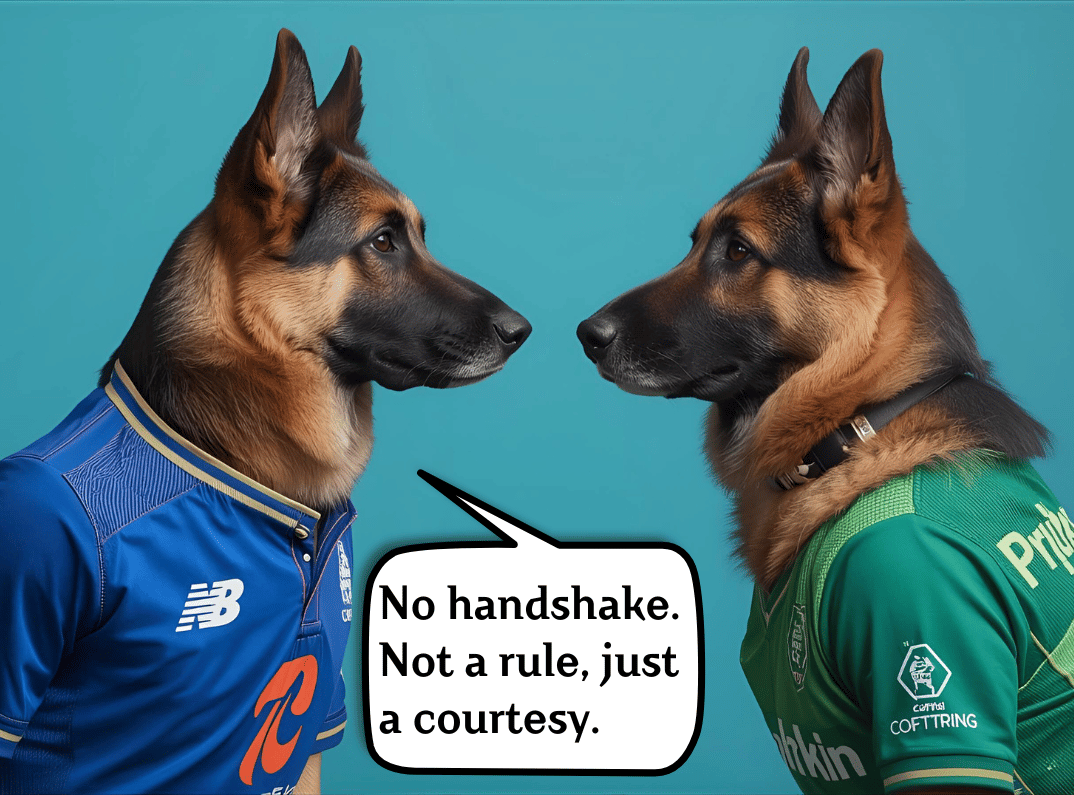 German shepherd in blue ersey in animated discussion with german sheperd in green jersey