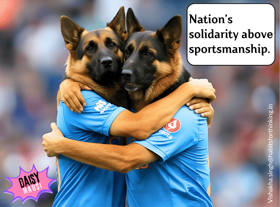 two german shepherds in indian cricket jersey hugging each other 