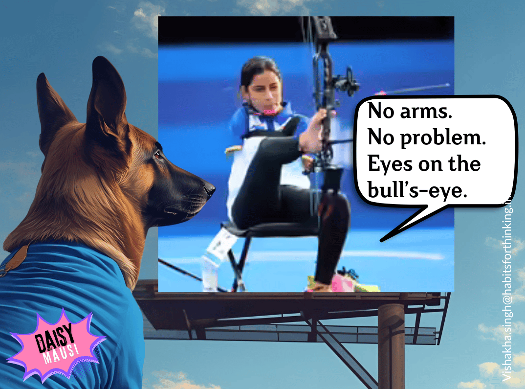 A German Shepherd admiring a billboard carrying poster of Sheetal Devi, armless paralymic archer who turned champion