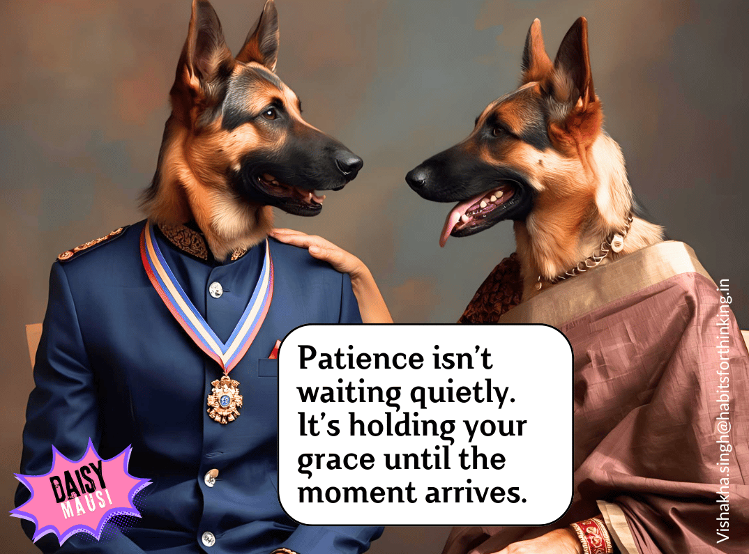A german shepherd Daisy Mausi wearinga blue suit and a medal with a lady german shepherd in a brown saree