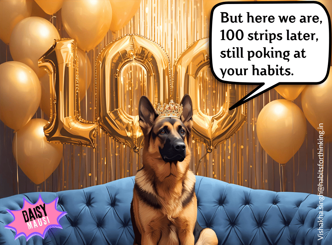 Daisy Mausi German SHpeherd sitting on a blue couch with golden balloons at the back celebrating 100