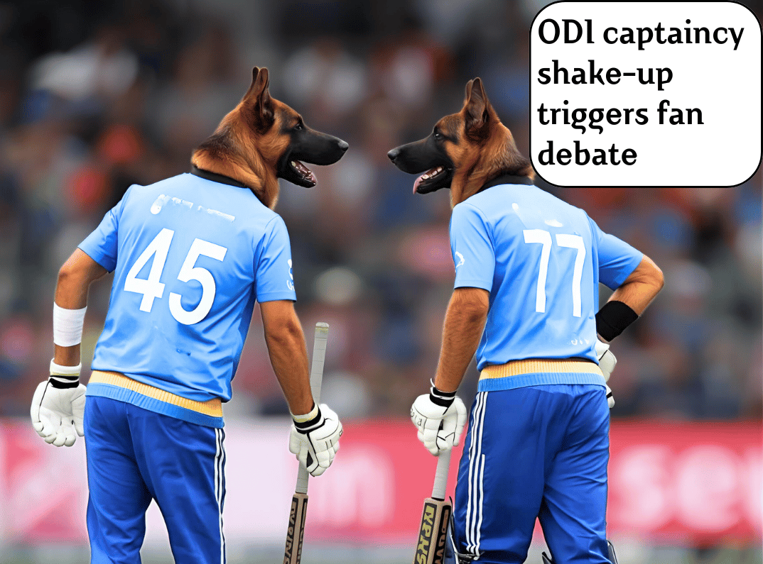 Two german shepherds batsmen with jersey no 45 as Rohit Sharma and jersey no 77 Shubman Gill talking on the pitch. Text - ODI captaincy shake-up triggers fan debate