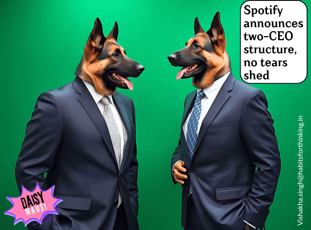 Two german shepherds dressed as CEO in a green colord background. Text Spotify announces two-CEO structure, no tears shed 
