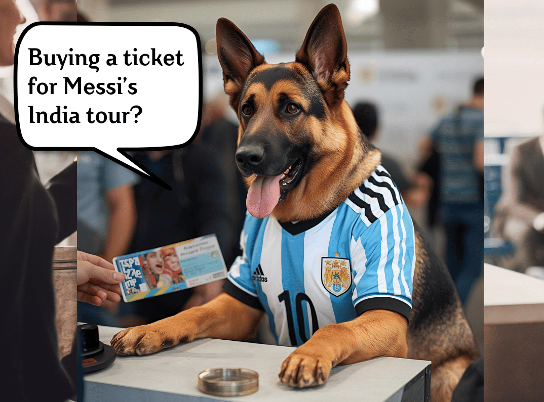 A comic-style illustration of Daisy Mausi, a witty German Shepherd, on a ticket sale counter that sells Messi’s India Tour tickets.
