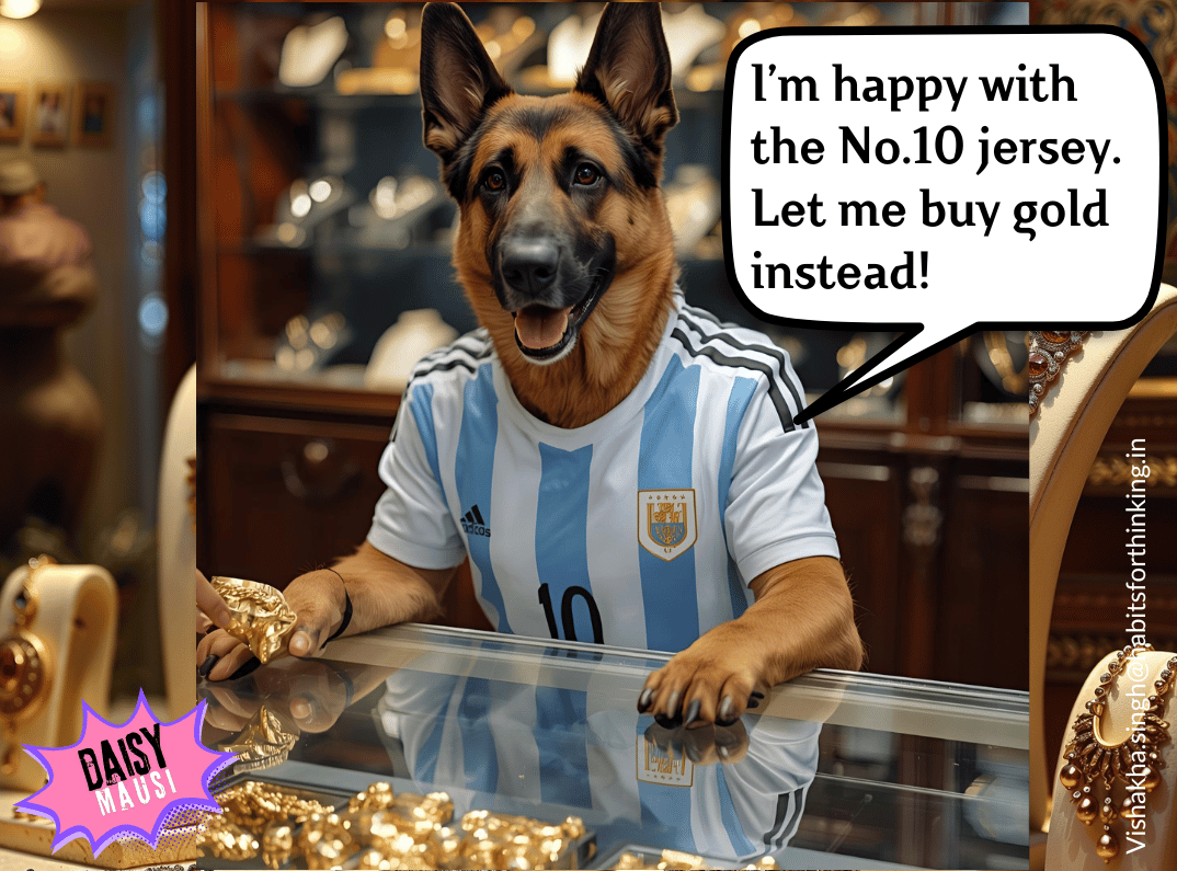 Daisy Mausi in a jewellery store, wearing a No.10 football jersey, going through gold pieces