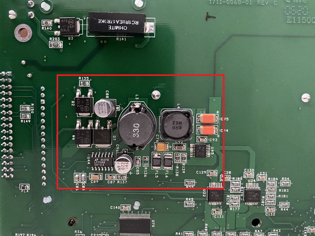 Back of the PCB showing the power handling components