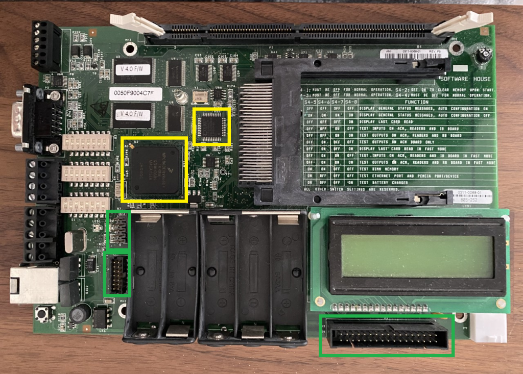 Front of the PCB with the processing components highlighted in yellow and interfaces highlighted in green