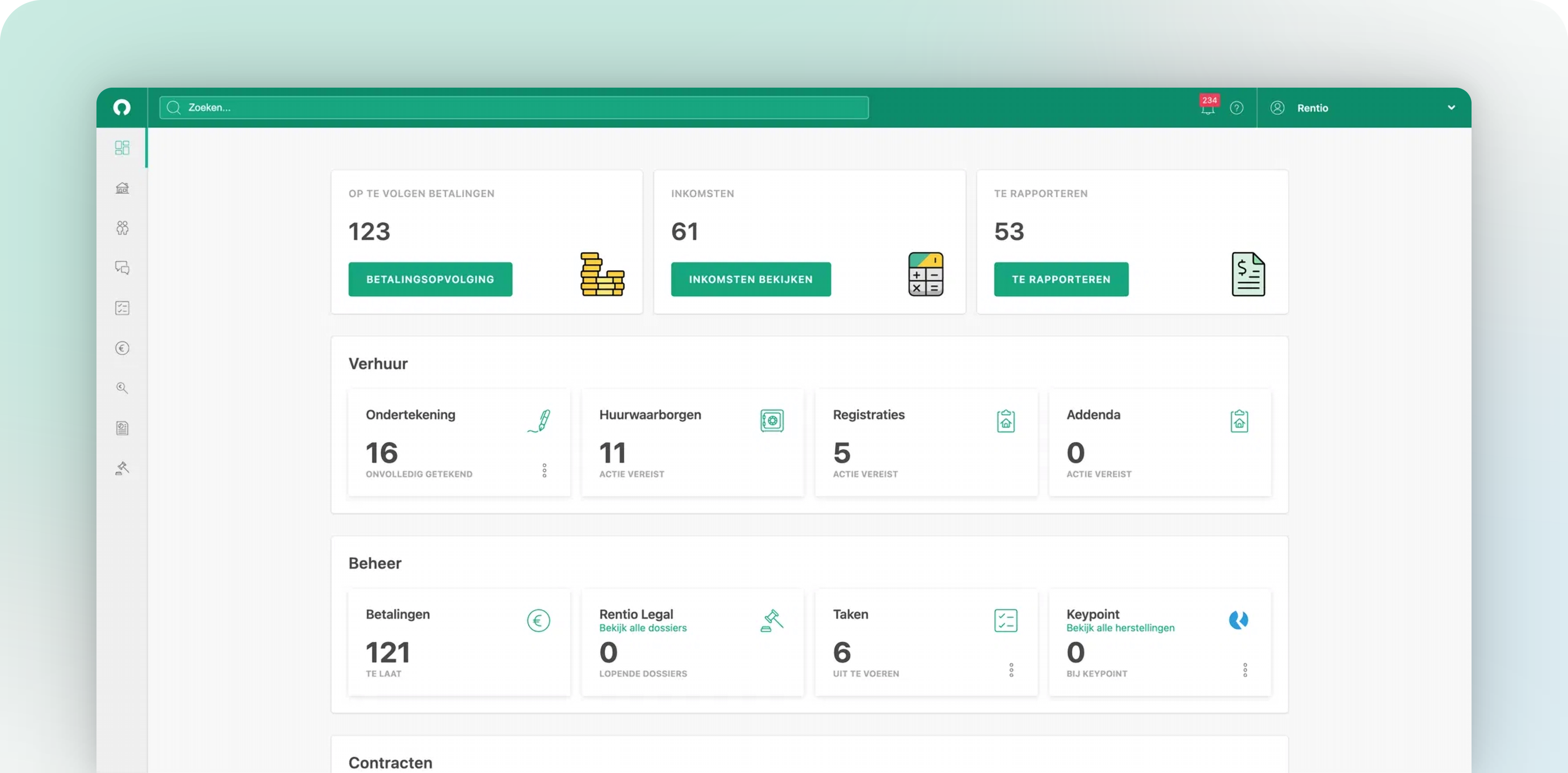 Het Rentio dashboard met overzichten van betalingen, verhuur en beheer