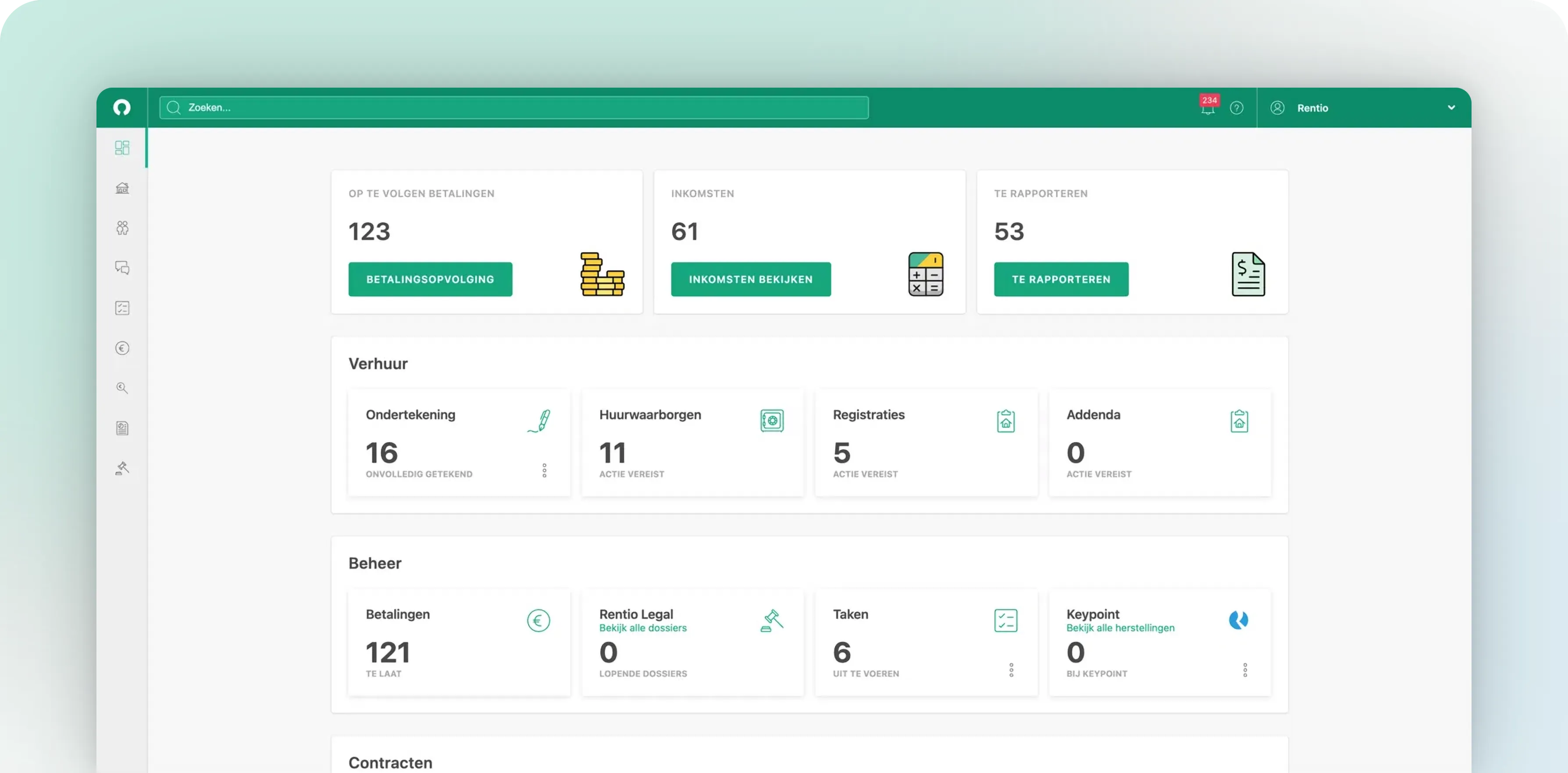 Het Rentio dashboard met overzichten van betalingen, verhuur en beheer