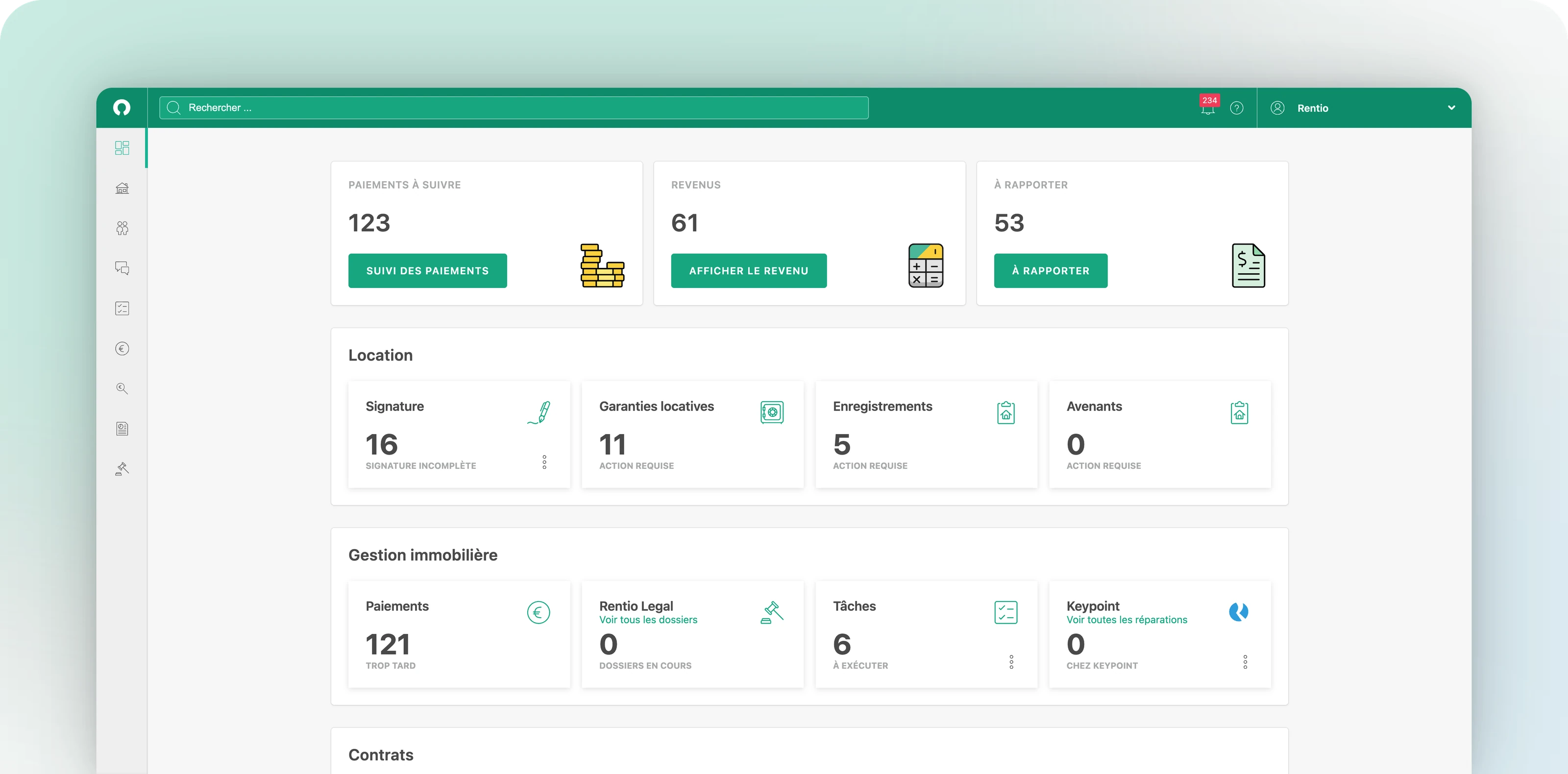 Le tableau de bord Rentio avec ses aperçus des paiements, des locations et de la gestion