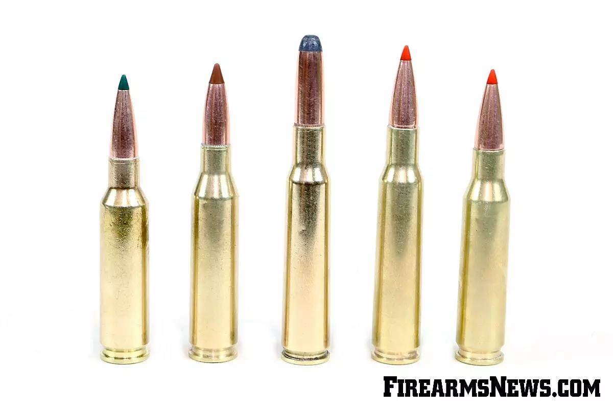 Cartridge line-up comparing the 6.5 CM and .260 Rem, with 140-grain bullets; 7x57 with 175-grain bullet; 7x57 and 7mm-08 Rem, with 139-grain bullets.