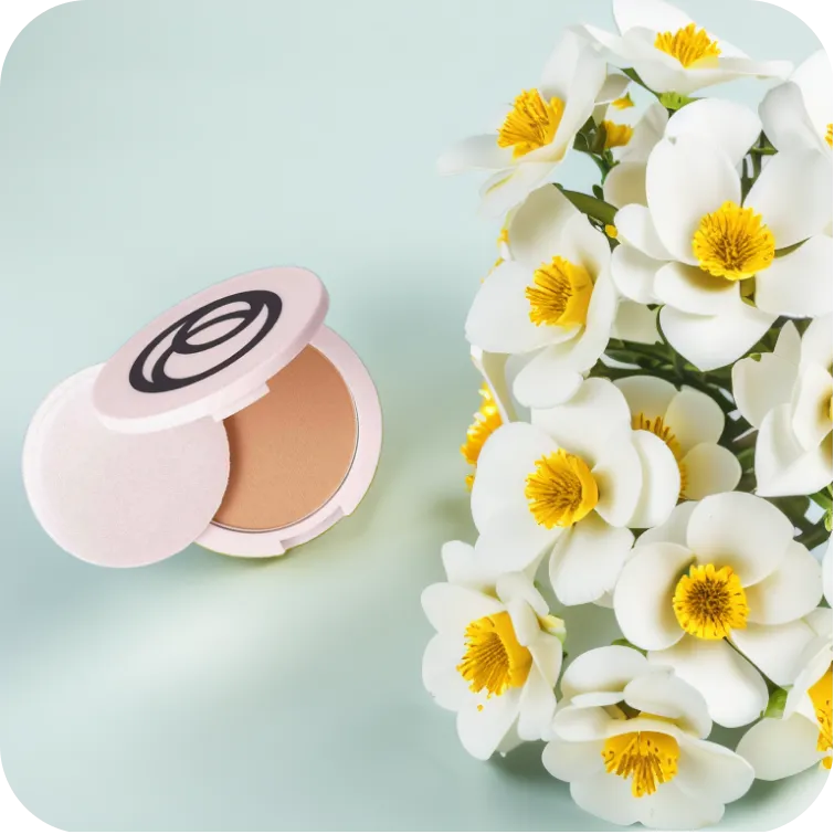 makeup product photos with green background and flowers
