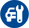 Car service icon with wrench and vehicle in blue circle