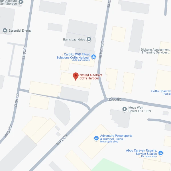 Map of Coffs Harbour showing Natrad AutoCare and nearby businesses