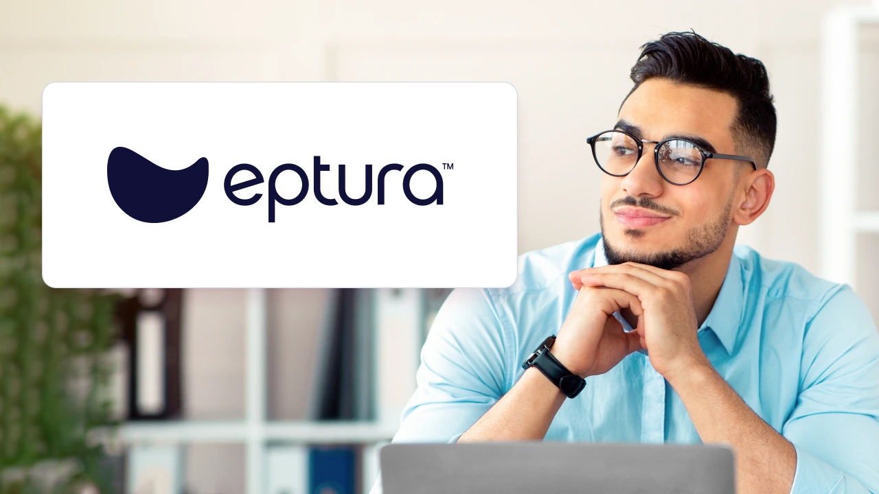 Thoughtful man looking at Eptura logo