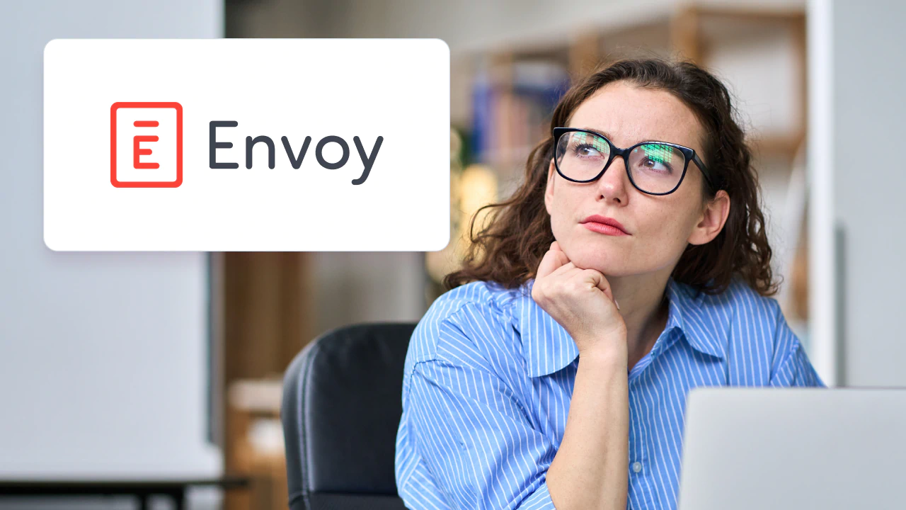 Thoughtful woman looking at Envoy logo