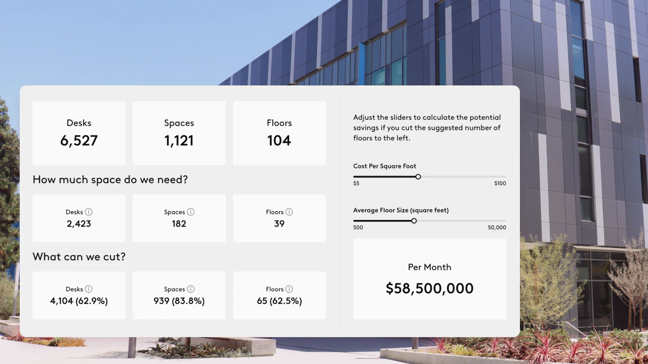 Workplace savings calculator incorporating desks, spaces, and floors