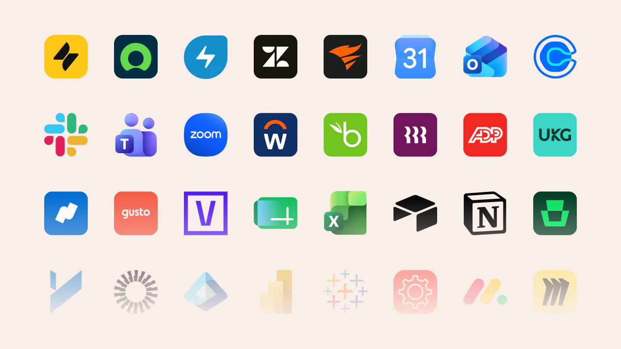 Grid of different workplace apps: Jira Service Management, ServiceNow, Freshservice, Zendesk, SolarWinds Service Desk, Google Calendar, Outlook, Calendly, Slack, Microsoft Teams, Zoom, Workday, BambooHR, Rippling, ADP, UKG, Namely, Gusto, VergeSense, Density, Locatee, XY Sense, Google Sheets, Excel, Airtable, Notion, Parcel Pending, Package Concierge, Notifii, ezCater, Yardi, Archibus, Okta, Microsoft Entra ID, Power BI, Tableau, Genetec, LenelS2, Gallagher, UpKeep, Monday.com, Miro