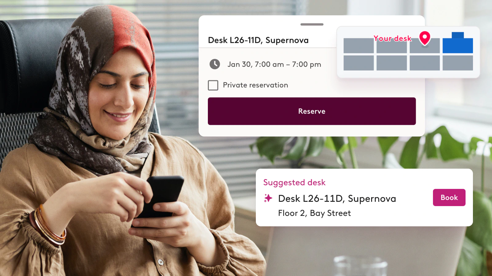 Employee easily booking a desk from her phone