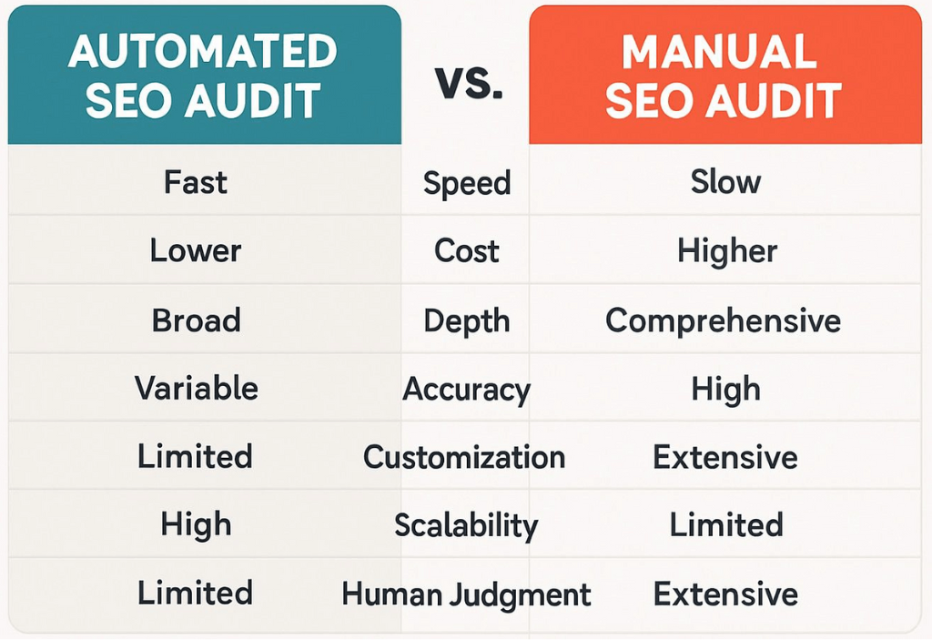Visual guide showing the contrasts between automated and manual SEO audits for better understanding of each method.