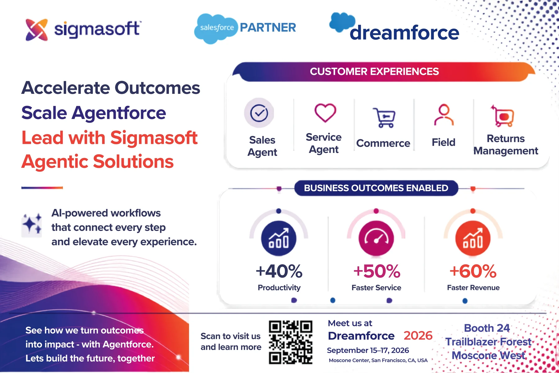 Sigmasoft at Dreamforce 2026: accelerate outcomes and scale Agentforce with Sigmasoft agentic solutions across Sales, Service, Commerce, Field and Returns Management.