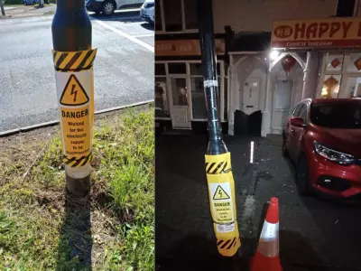 Before and after: street lighting columns taped off with danger notices compared with a damaged column fitted with a CoverMe cover