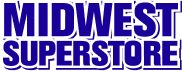 Midwest superstore logo in blue with white outline.