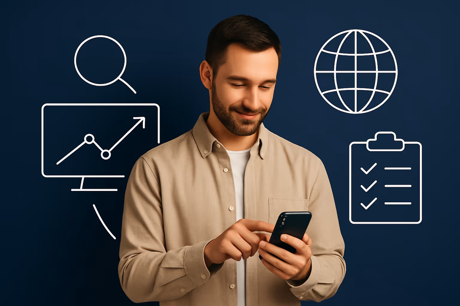 Smiling man using smartphone with icons of a magnifying glass, upward graph, globe, and checklist around him on dark background.
