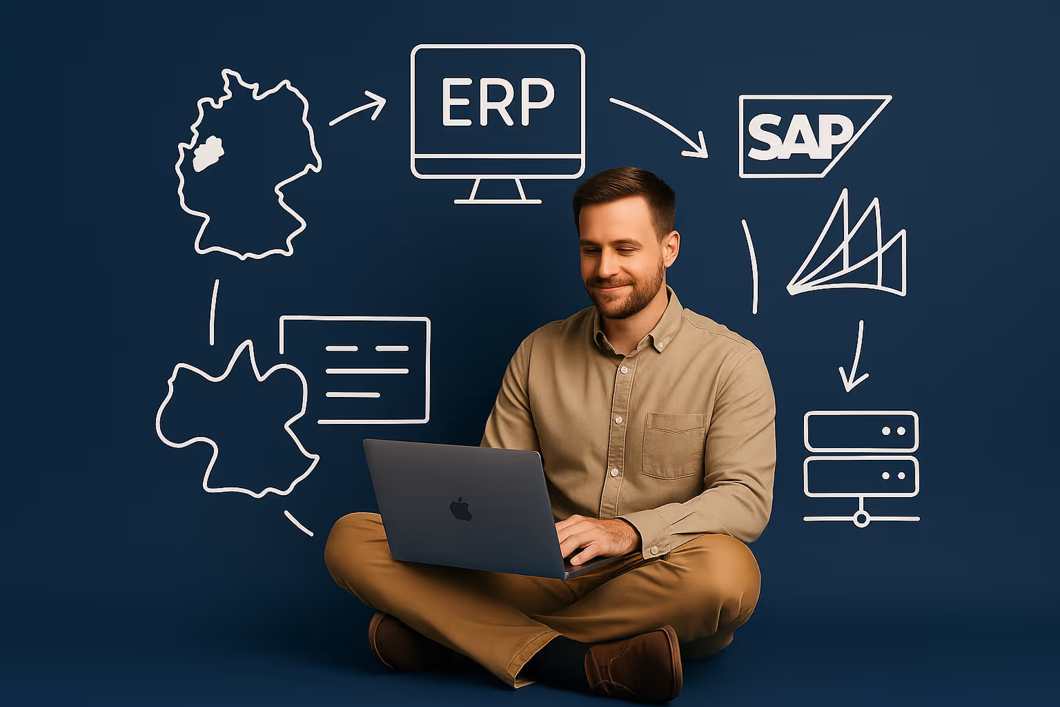 Man sitting cross-legged with a laptop, surrounded by white line illustrations of ERP, SAP, and Germany map icons on a dark background.