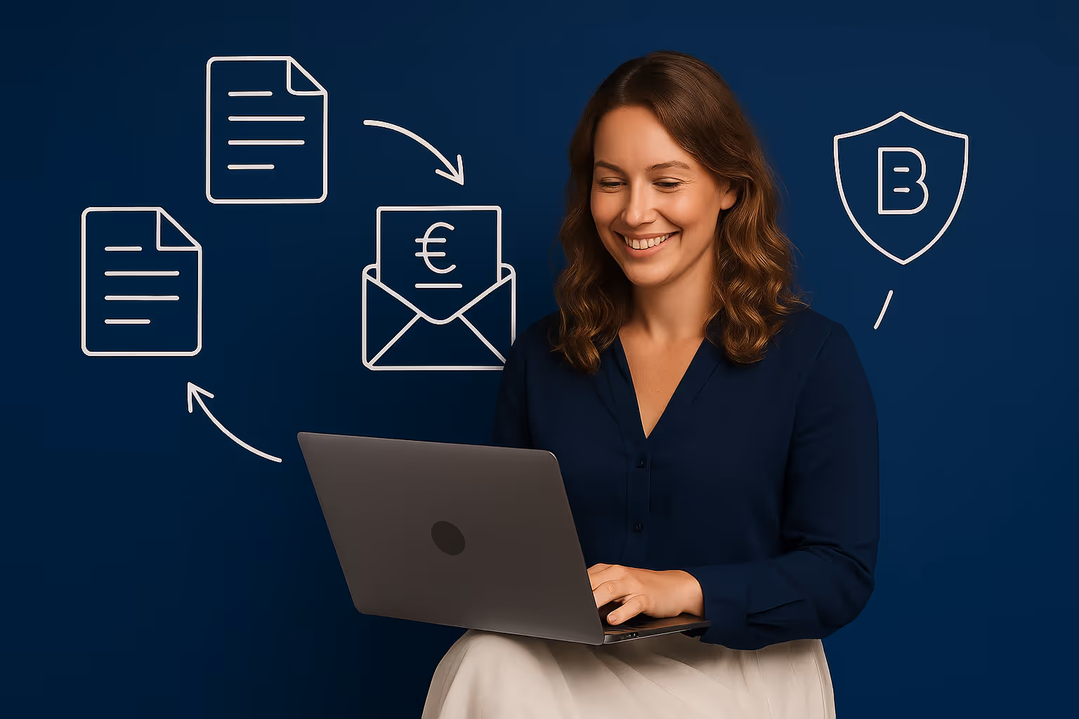 Smiling woman with wavy brown hair working on a laptop, surrounded by drawn icons of documents, an envelope with a euro symbol, and a shield with a 'B' on a dark blue background.