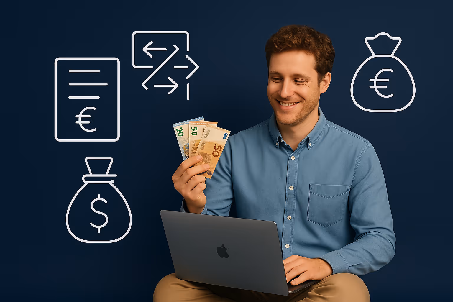 Smiling man holding euro banknotes while using a laptop, surrounded by currency exchange and money bag icons.