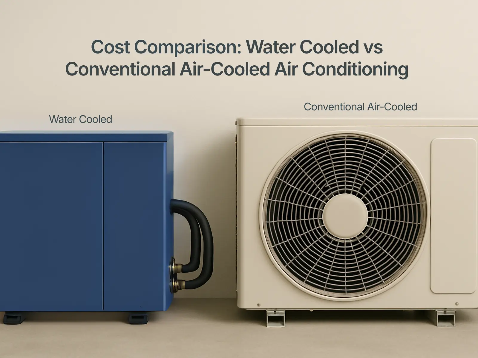 Water cooled and conventional air-cooled air conditioners shown side by side to compare the cost of water cooled air conditioning