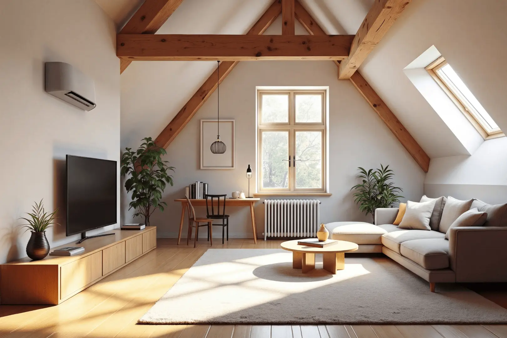 Urban Cooling’s water cooled air conditioning unit in a bright loft bedroom